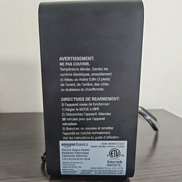 Amazon Basics Small Black Space Heater Indoor Use Portable 120V 520W0 - Picture 3 of 5